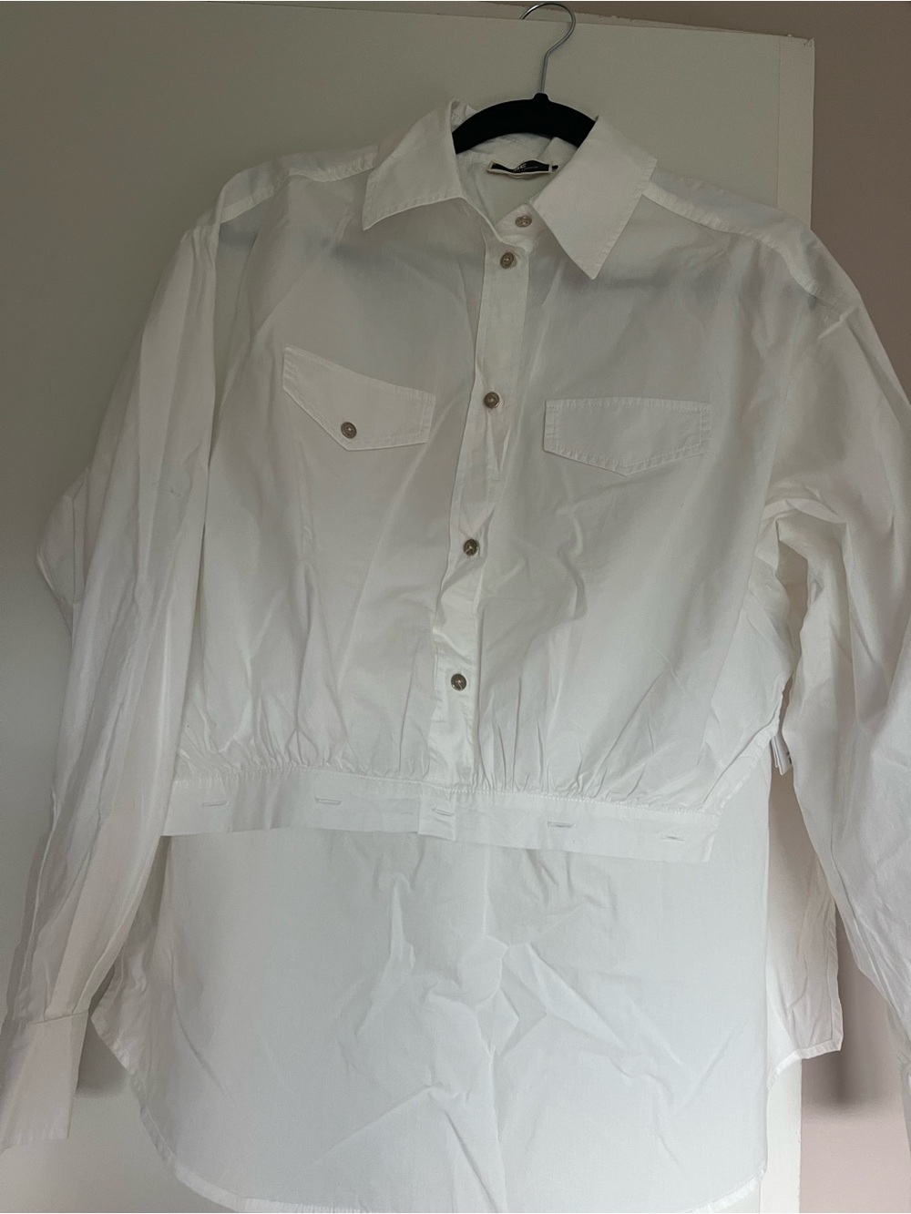 Cropped White Button-Up Shirt with Chest Pockets